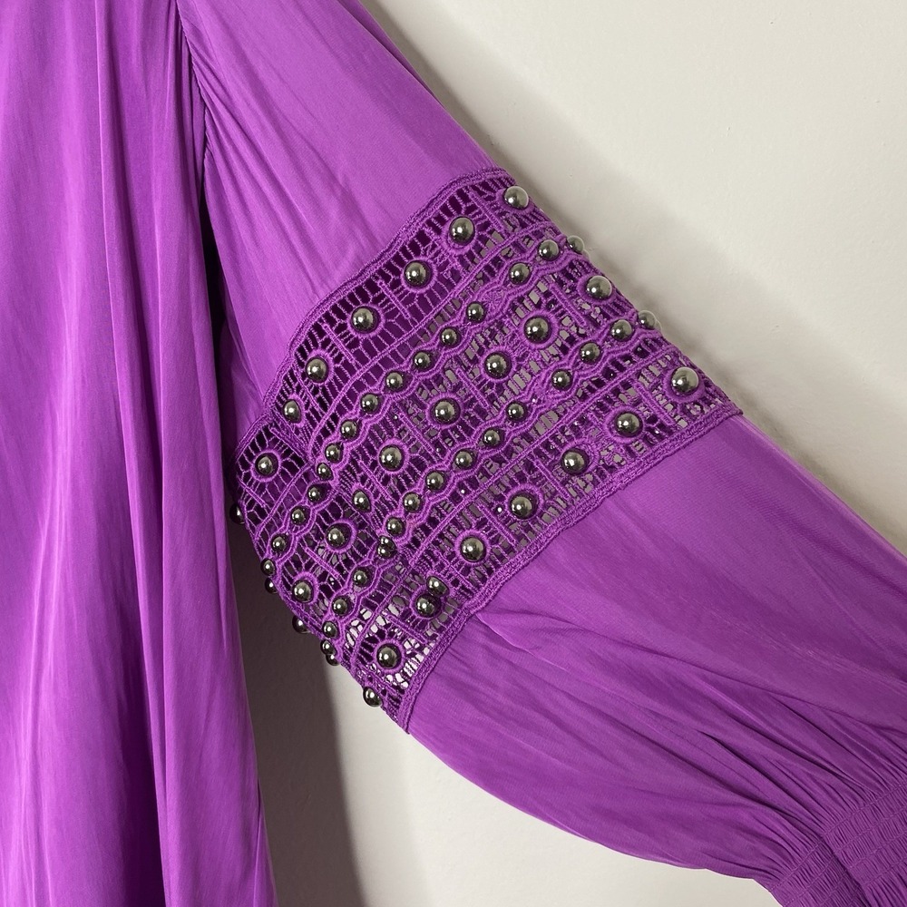 Chico's‎ Blouse 4 XXL Purple Tunic Top Mesh Studded Sleeve Ruffle Cuff V Neck - Picture 6 of 16
